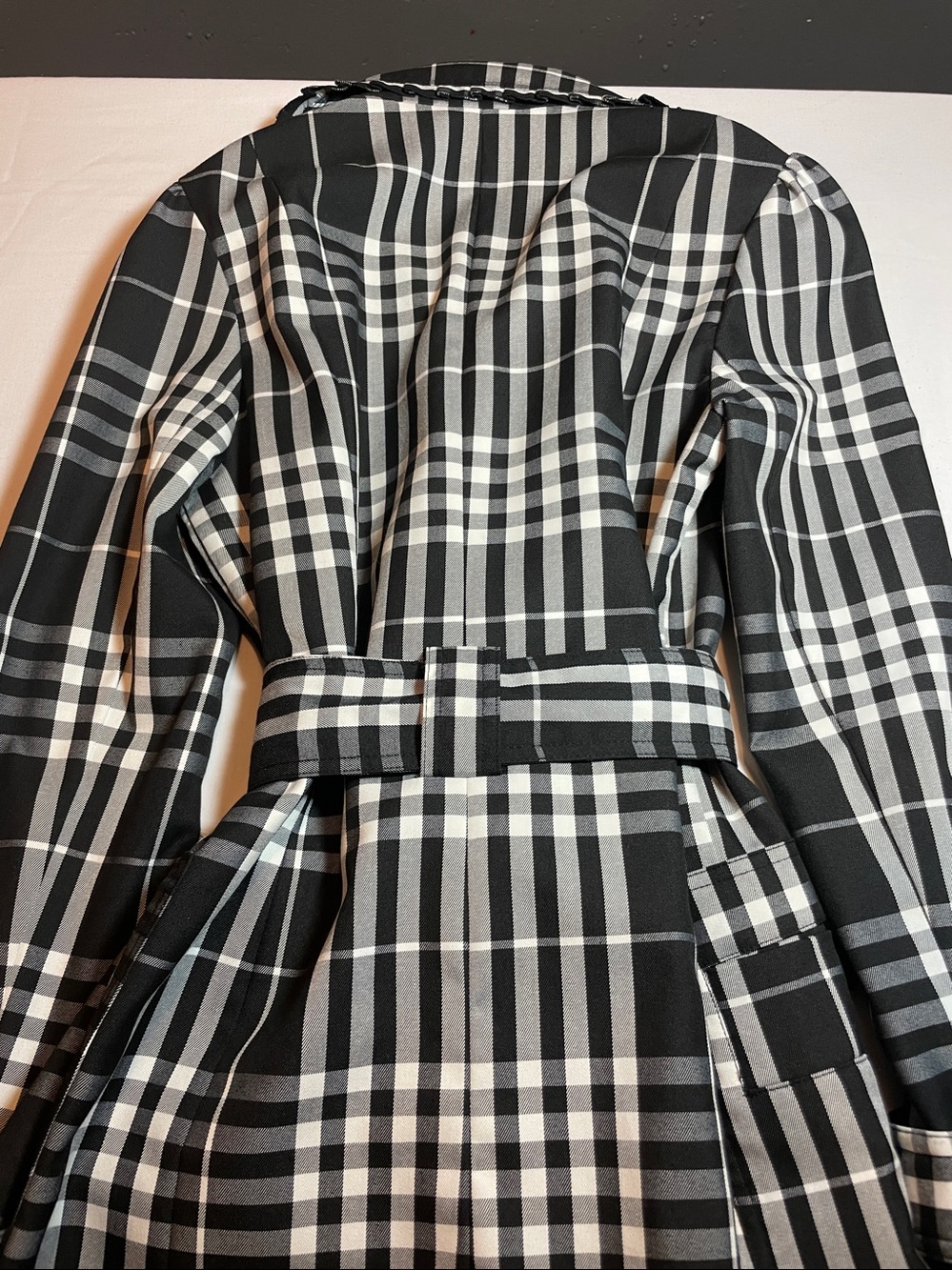 Black & White Plaid Trench Coat with Belt - Picture 9 of 12